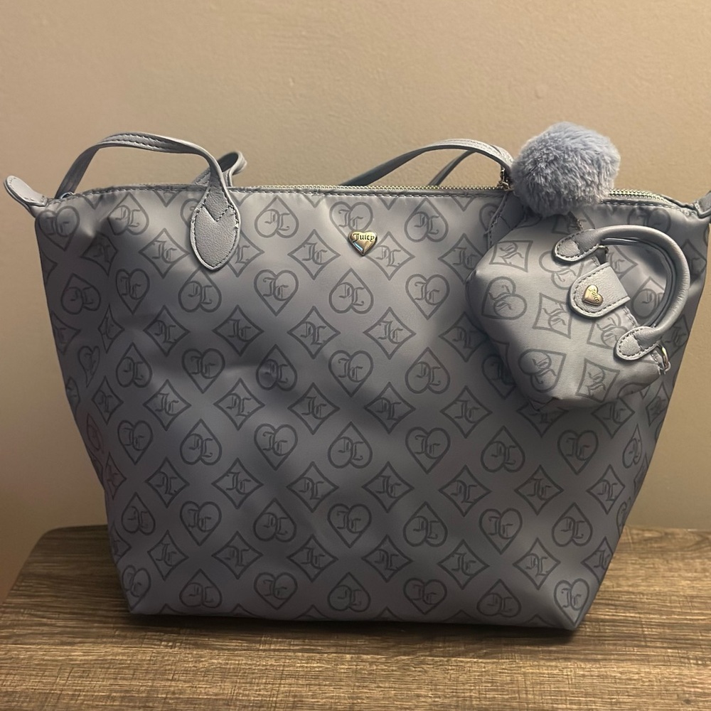 Juicy Couture Blue JC Monogram Tote with Pom & Mini Bag | Y2K Shoulder Bag